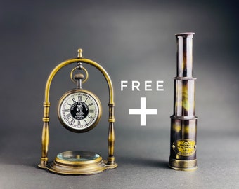 Antique decor - Brass Table Desk Clock With Nautical Compass Base - Special Gift For Mother, Mom, Free Bonus Decor