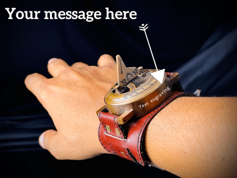 Personalized | Brass & Leather Strap Compass Watch - Antique Sundial Wristwatch for Adventures / Custom Engraving / Christmas Gift For Him
