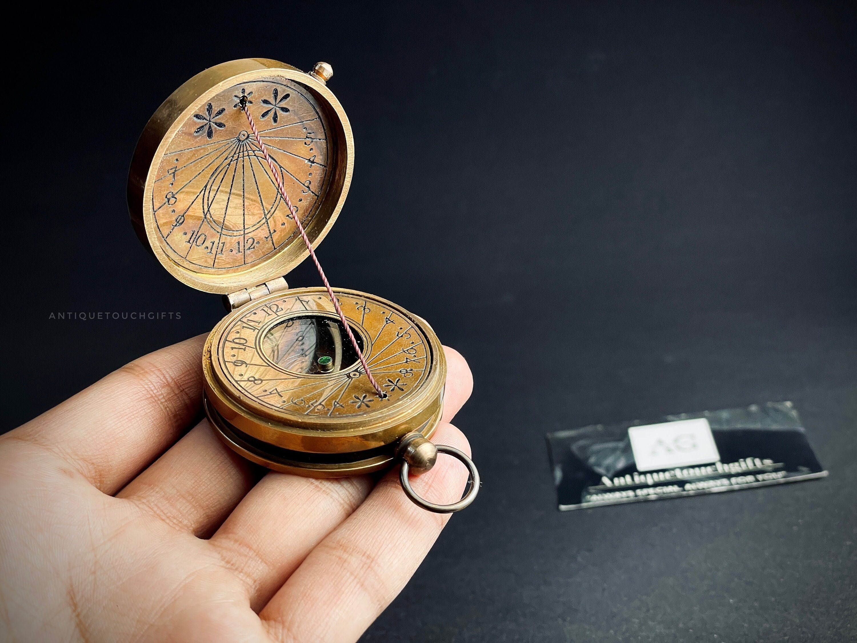 Handmade Antique Style Thread Brass Compass Nautical with Leather Case | Pocket Sundial Compass | Gift For Him, Gifts for Independence Day