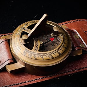 Personalized | Brass & Leather Strap Compass Watch - Antique Sundial Wristwatch for Adventures / Custom Engraving / Christmas Gift For Him
