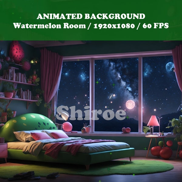 Vtuber Background Animated | Watermelon Room Cosy Night | Green Looped Vtuber Twitch Stream Overlay | Instant Digital Download