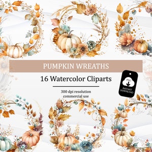 Pumpkin Wreaths Watercolor Clipart, Fall Clipart Digital Download, Autumn Sublimation Design, Thanksgiving Watercolor Floral Pumpkins PNG