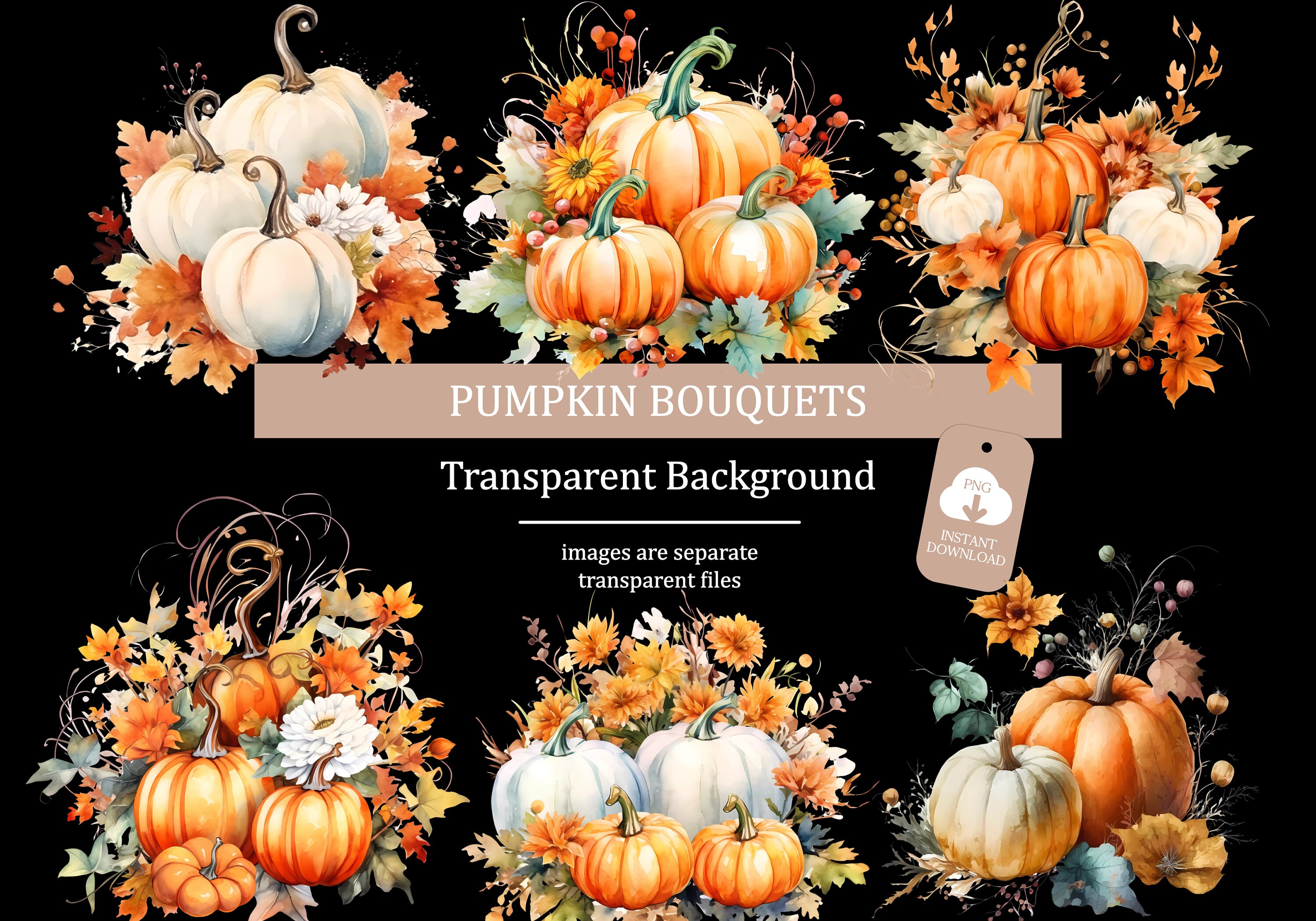 Pumpkin Bouquets Watercolor Clipart, Fall Clipart Digital Download ...