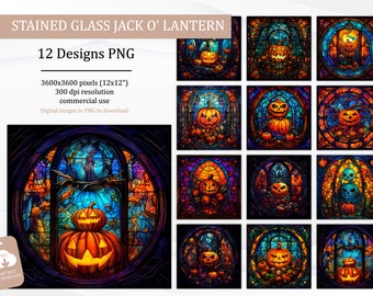 Jack O Lantern Stained Glass Digital Paper, Halloween Pumpkins Stained Glass Sublimation Designs Seamless, Halloween Stained Glass Clipart
