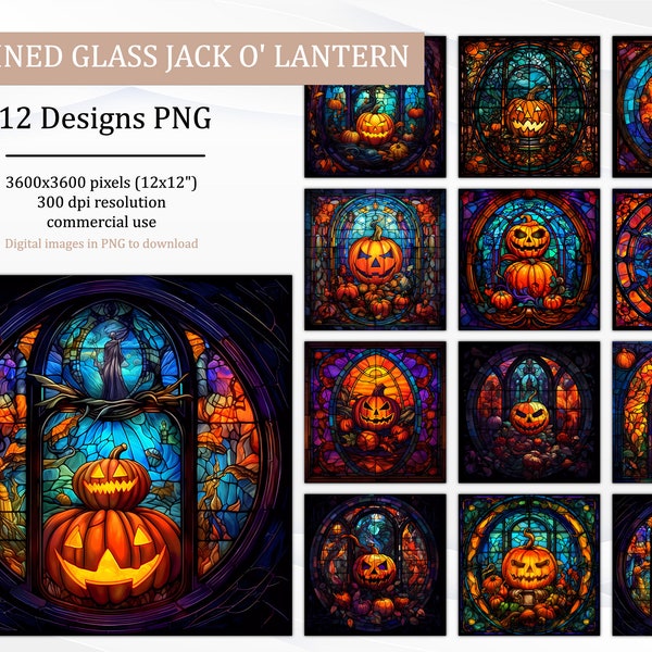 Jack O Lantern Stained Glass Digital Paper, Halloween Pumpkins Stained Glass Sublimation Designs Seamless, Halloween Stained Glass Clipart