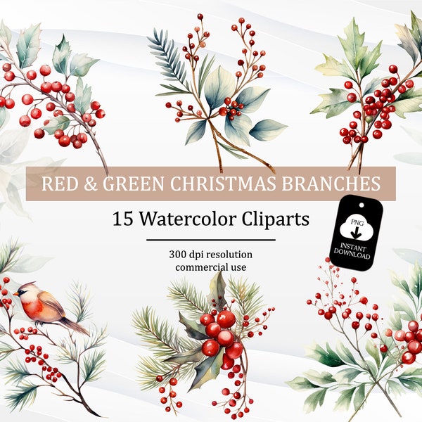 Watercolor Christmas Branches Clipart, Greenery Holly Sublimation Design PNG, Christmas Leaves Clipart Digital Print Wall Art, Tshirt Design