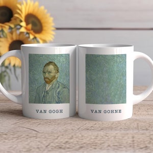 May include: Two white ceramic mugs with a blue and green image of Vincent van Gogh's self-portrait on one side and a blue and green swirling pattern on the other side. The text "VAN GOGH" is printed on the bottom of the mug with the self-portrait and "VAN GOHNE" is printed on the bottom of the mug with the swirling pattern.