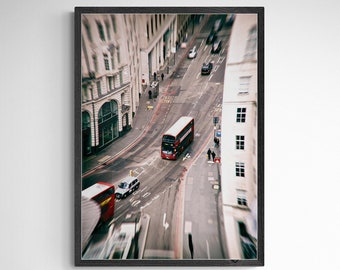 London Street Photo Wall Art Decor Poster - Double Decker Red Bus Print, Twinkle Lights London Print - British Cityscape Wall Art Decor Gift