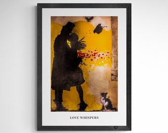 Romantic Graffiti Poster: Silhouette Couple Hugging with Love Hearts and Watchful Cat - Perfect Anniversary, Valentine's or Christmas Gift