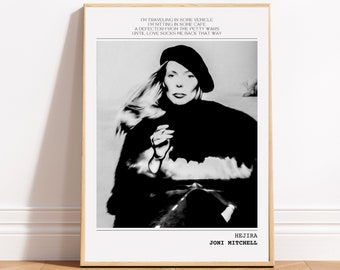 Geïnspireerde muziekposter, Joni Mitchell Hejira, Retro Wall Art Music Print - Volksmuziek fotoalbumhoes, zwart-witte muziekposter