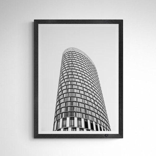 Photographie de paysage urbain de Londres, impression d'architecture moderne, photo noir et blanc, bâtiment de la ville du Royaume-Uni, cadeau pour expatrié, art mural de bureau minimaliste