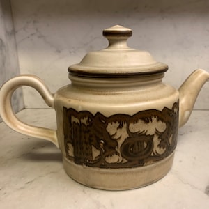 Troll Porsgrund Norway Teapot Coffee Pot Scandinavian Mid Century Modern Floral Flowers Brown Beige Retro Ceramic Stoneware Eystein Sandnes