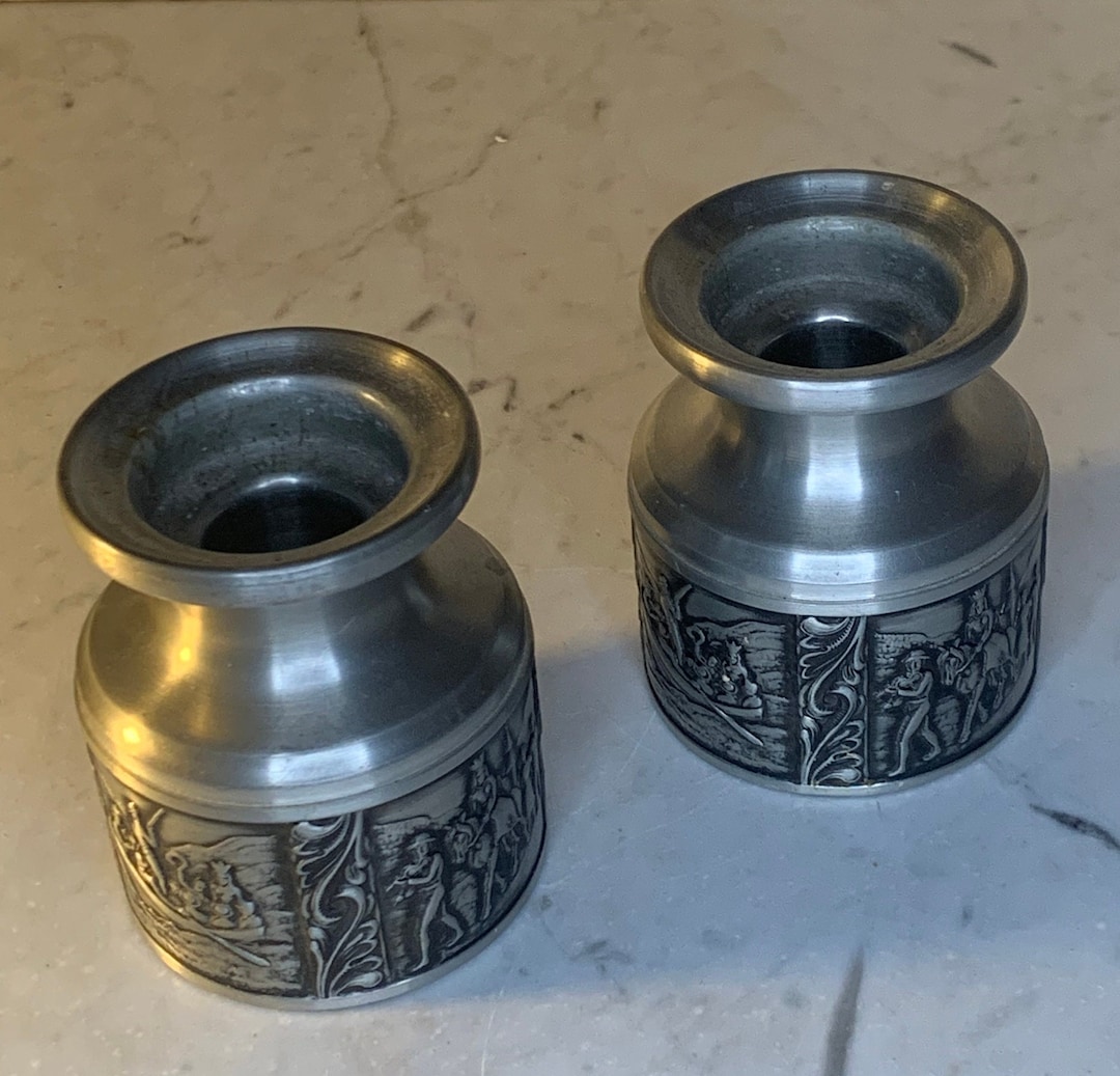Norwegian Pewter Candle Holder Set With Carved Motifs Etsy