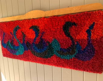 Large Vintage Handmade Scandinavian Rya Shag Pile Woolen Rug Wall Decor 1960s - Unique Viking Boat Design in Bold Blue, Purple and Red Tones