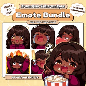 Paquete de emoticones de streamer de cabello castaño 1 / Emoticones de Twitch / Paquete de emoticones de Discord (6) / Flequillo castaño largo y lindo / Ojos marrones / Chibi / Kawaii