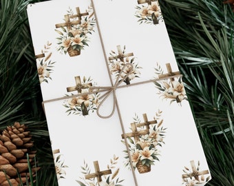May include: White gift wrap with a repeating pattern of brown crosses and white lilies in baskets. The gift is tied with brown twine.