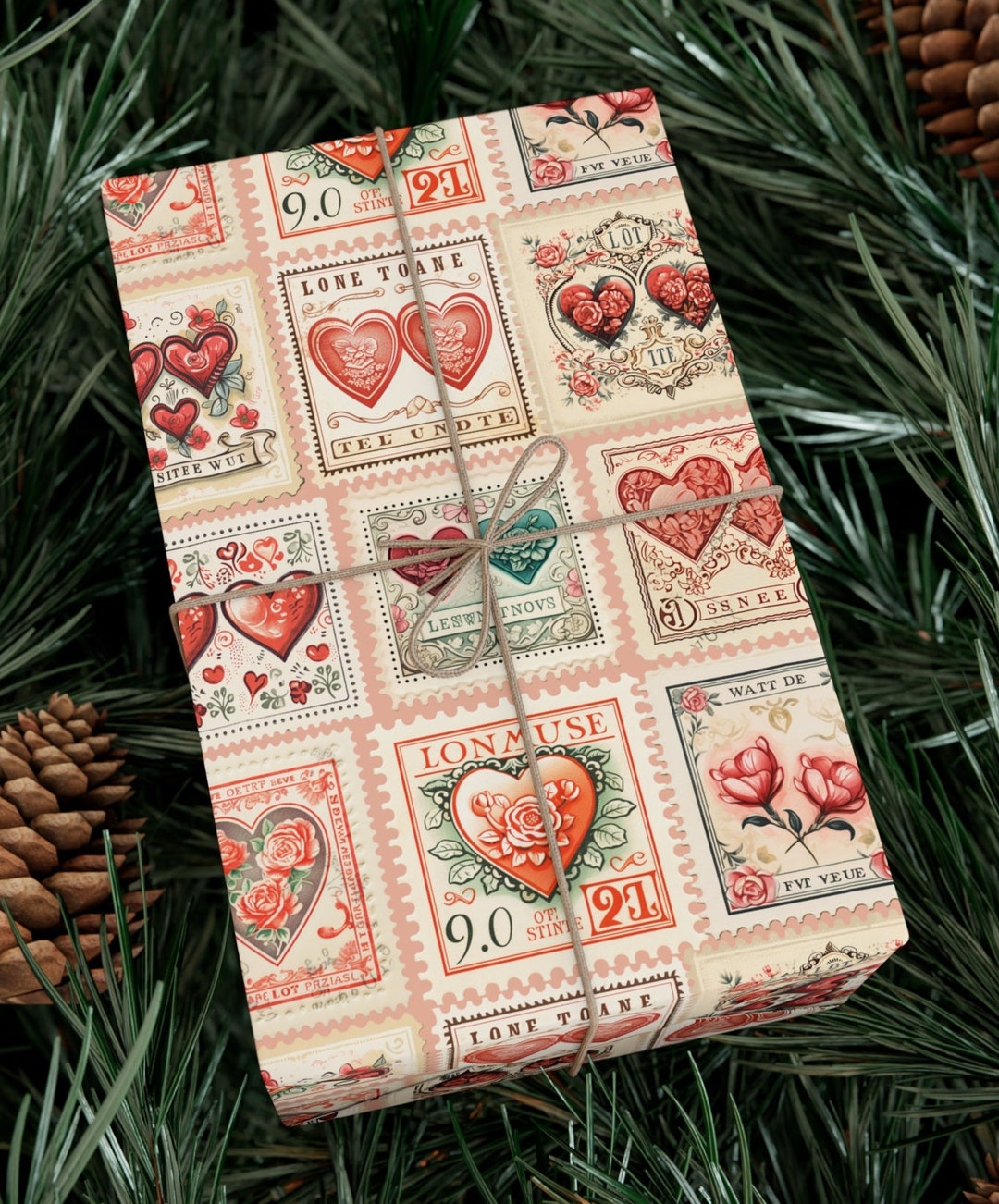 Wrapped Stamp Vintage Style Wrap, Antique Love Postage Stamps Wrapping, Holiday ...