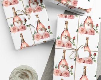 Envoltura de regalo de champán rosado, papel de regalo de champán de verano, papelería de acuarela, envoltura de cumpleaños, envoltura de regalo de despedida de soltera, papel de boda