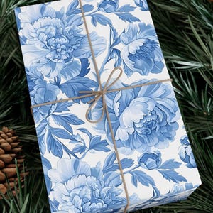 Chinoiserie Paper, Chinoiserie Floral Wrapping Paper Roll, Bouquet Paper, Blue White Coastal Wedding Toile, Floral Gift Wrap, Mother's Day