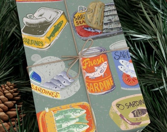Mediterranean Retro Sardine Holiday Gift Wrap: Coastal-Themed Eco-Friendly Packaging for Chefs and Food Enthusiasts, Nautical Lovers D