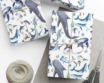 Watercolor Nautical Christmas Gift Wrap, Holiday Packaging, Special Occasion Wrapping, EcoFriendly Paper, Costal Festive Sea life Theme