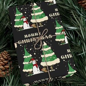 May include: Black wrapping paper with a repeating pattern of cartoon Christmas trees, snowmen, reindeer, and the text "Merry Christmas".