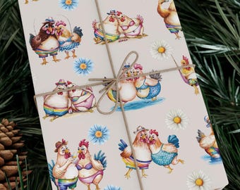 May include: A white wrapping paper with a repeating pattern of cartoon chickens wearing swimwear and holding drinks. The chickens are in various poses, some are holding hands, some are holding drinks, and some are taking selfies. The background is a light beige color with white and blue flowers.