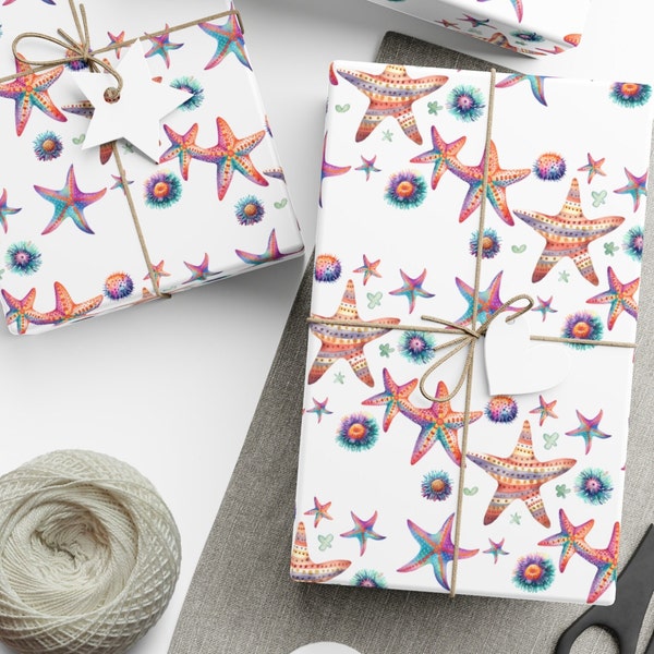 Coastal Christmas Wrapping Paper - Watercolor Beach Vibes, Eco-Friendly Holiday Gift Wrap, Nautical Theme for Special Occasions, Sea Life