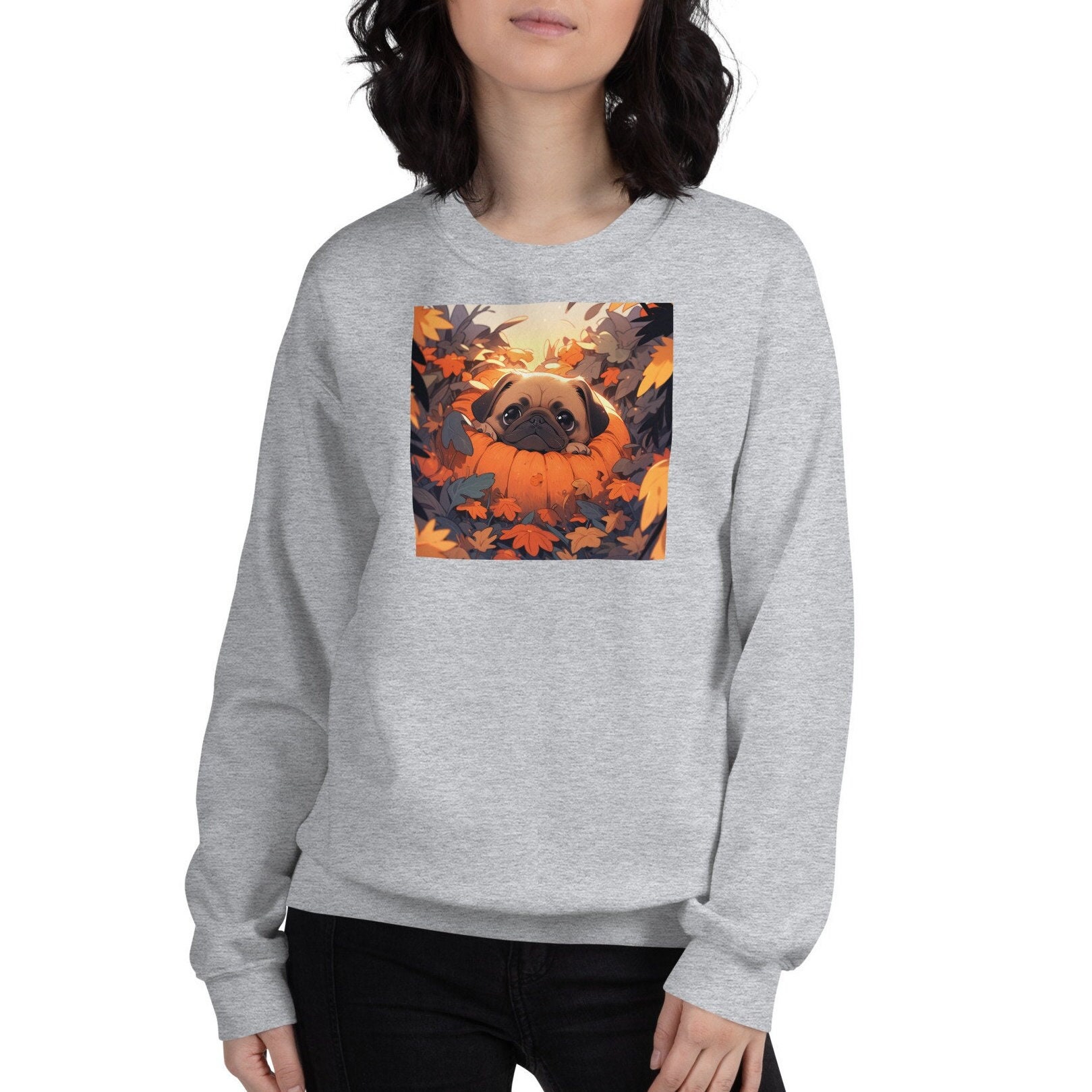 Discover Pug in a Pumpkin Spooky Halloween Dog Sweatshirt, Kawaii Anime Mini Pug Halloween Shirt, Pumpkin Spice, Dog Dad Mom, Spooky Vibe Sweatshirt