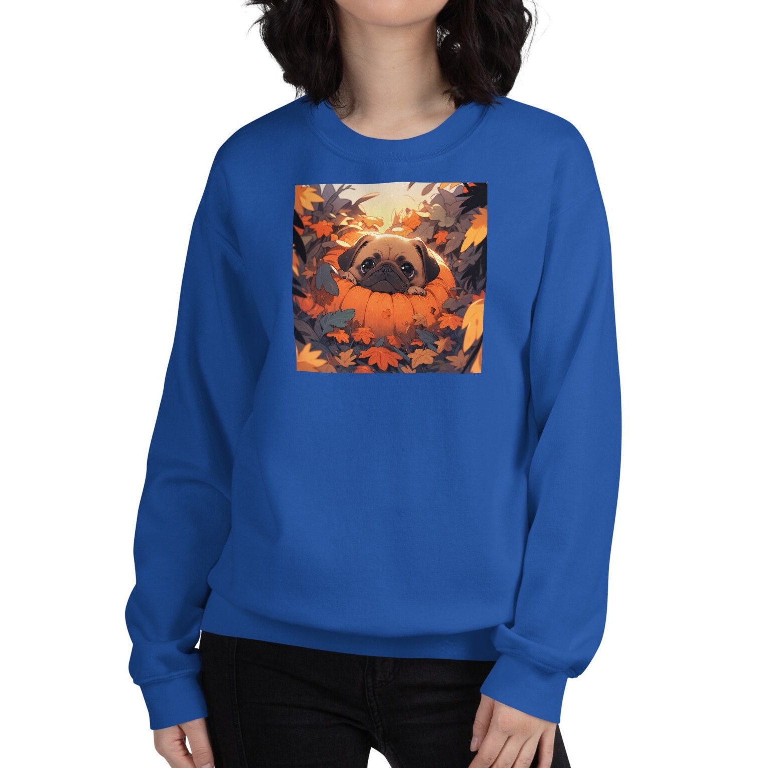 Discover Cute Pug in a Pumpkin Spooky Halloween Dog Sweatshirt, Anime Mini Pug Halloween Shirt, Pumpkin Spice, Dog Dad Mom, Spooky Vibe Sweatshirt