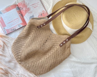 Torba na ramię z szydełkowanej bawełny: torebka w stylu boho z plecionymi uchwytami ze skóry wegańskiej