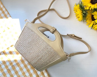 straw crossbody bucket bag with vegan leather strap top handle handbags for women small cross body purse hand woven tote bags beach clutch