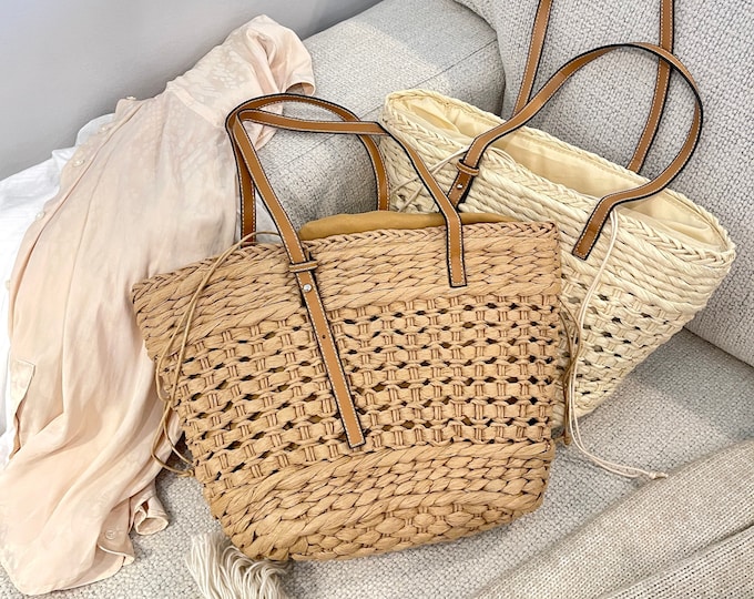 woven beach bag for summer vacation hand bag purse drawstring straw tote bag cute birthday anniversary gift shoulder tote bags for mom wife