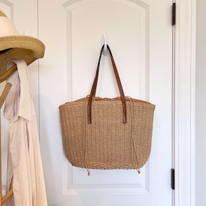 French Market Tote for Summer Beach Vacation Weave Drawstring Bag Handwoven Straw Shoulder Bag with Vegan Leather Top Handle Cotton Lining