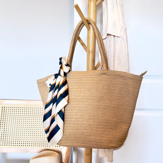 Shoulder Bag With Zipper Hand Woven Straw Bag With Scarf Large