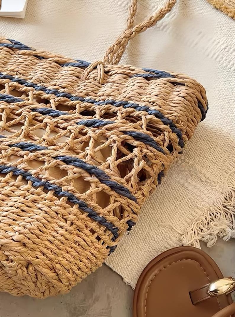 Blårandig vävd tygväska med halm, axelväskor, fransk lantmarknad, sommar, strand, semester, handväskor, stor kapacitet, pappersfiberhandväska bild 6