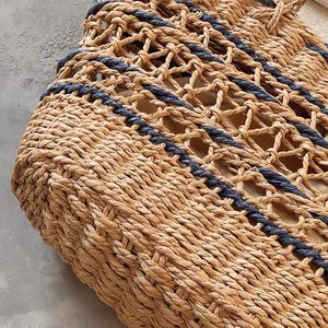 Blårandig vävd tygväska med halm, axelväskor, fransk lantmarknad, sommar, strand, semester, handväskor, stor kapacitet, pappersfiberhandväska bild 5