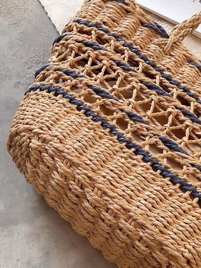 Blårandig vävd tygväska med halm, axelväskor, fransk lantmarknad, sommar, strand, semester, handväskor, stor kapacitet, pappersfiberhandväska bild 5