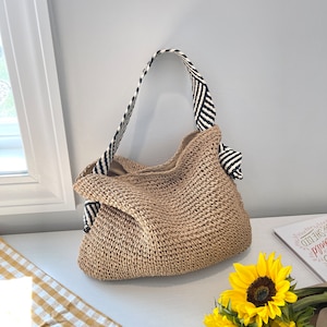 hand woven shoulder bag black and white shoulder strap bag underarm purse bags for women cotton lining snap closure top handle tote handbag image 1