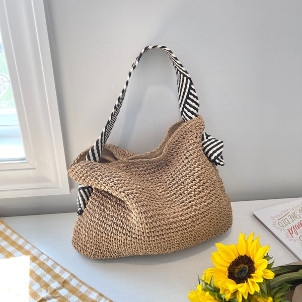 hand woven shoulder bag black and white vegan leather shoulder strap underarm purse handbags for women cotton lining beach tote
