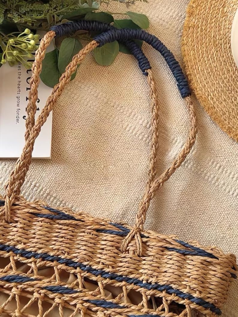 Blårandig vävd tygväska med halm, axelväskor, fransk lantmarknad, sommar, strand, semester, handväskor, stor kapacitet, pappersfiberhandväska bild 4