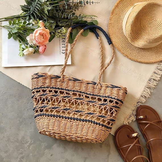 Straw Shoulder Bag French Country Market Shopper Blue Stripe Woven Tote Bags Summer Beach Vacation Purses Large Capacity Paper Fiber Handbag