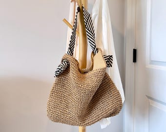 Woven Straw Tote Bag, Vegan Leather Strap, Black White Underarm Handbag