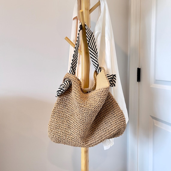 Woven Straw Bag Vegan Leather White Black Strap Handmade Handbags
