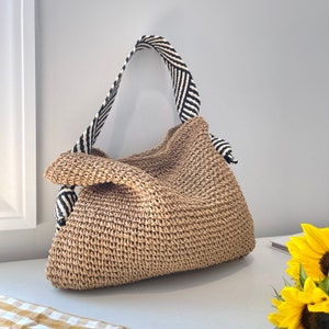 hand woven shoulder bag black and white shoulder strap bag underarm purse bags for women cotton lining snap closure top handle tote handbag image 2