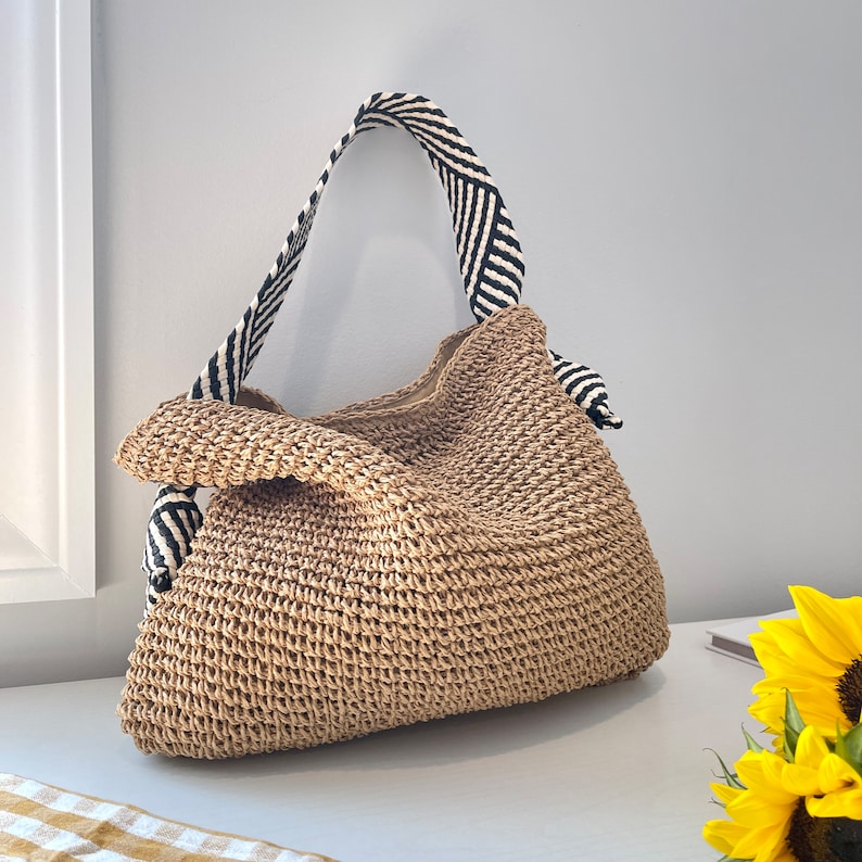 hand woven shoulder bag black and white shoulder strap bag underarm purse bags for women cotton lining snap closure top handle tote handbag image 2