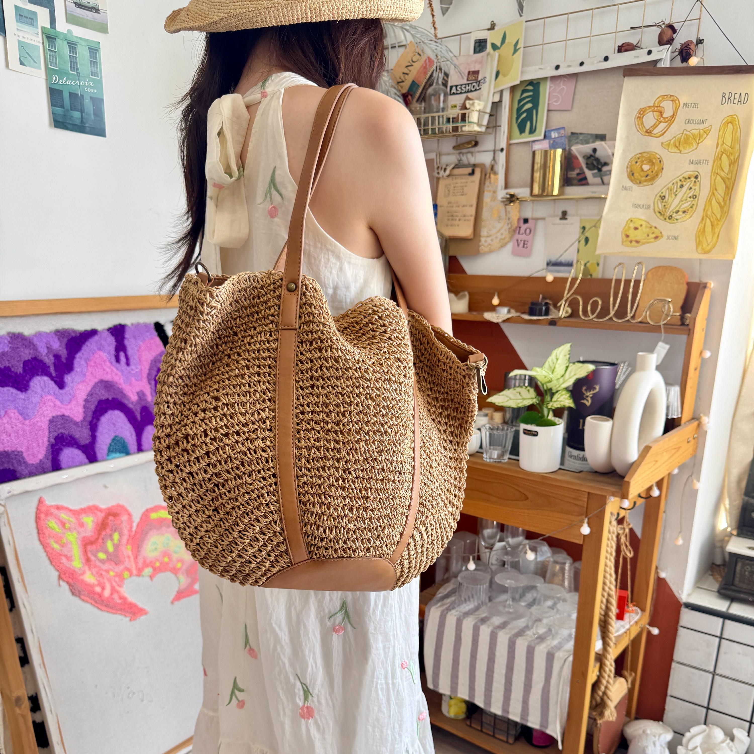 Woven Straw Dumpling Bag Vegan Leather Handles Beach Tote Large