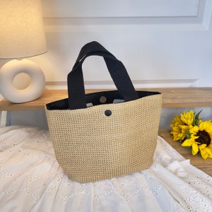 hand woven bag black cotton top handles raffia straw bag magnet closure small travel beach totes summer straw bags and purses clutch handbag