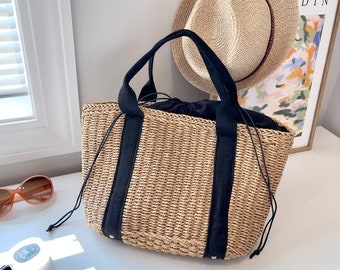 woven drawstring bag for holiday vacation straw purse handbags for women handmade top handle bucket bag cotton lining pouch beach tote bags