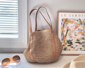 dumpling bag with vegan leather top handle raffia straw purse hand woven shoulder bags magnet closure Large casual everyday bag gift for her